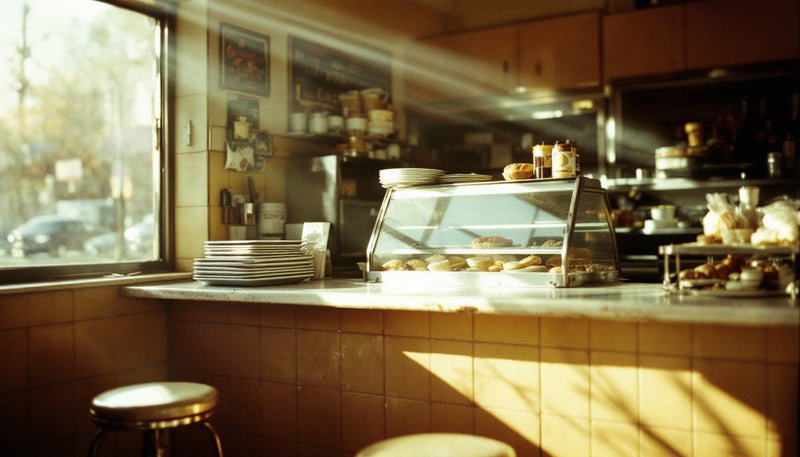 Afternoon light across the counter of a classic Jewish delicatessen